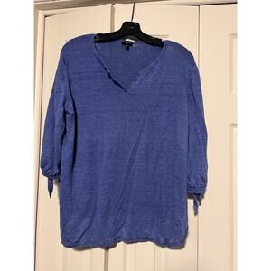 Talbots Women 2X 100% Linen Top Blue 3/4 Sleeve Tie Cuff Lightweight Blouse EUC